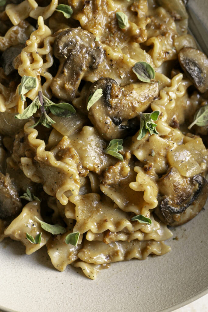close up of homemade one pan vegan beef stroganoff hamburger helper served in a bowl garnished with fresh oregano.