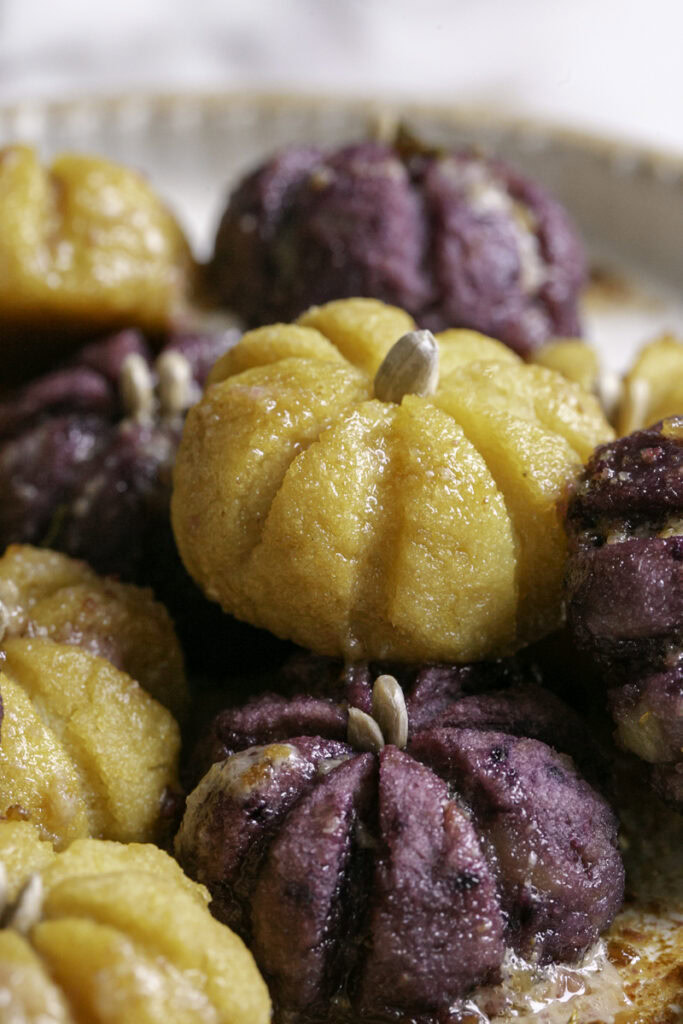 very close up of Pumpkin-Shaped Mashed Potato Bite.