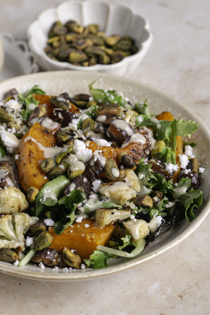close up 3/4 image of Roasted Butternut Squash Fall Harvest Salad.