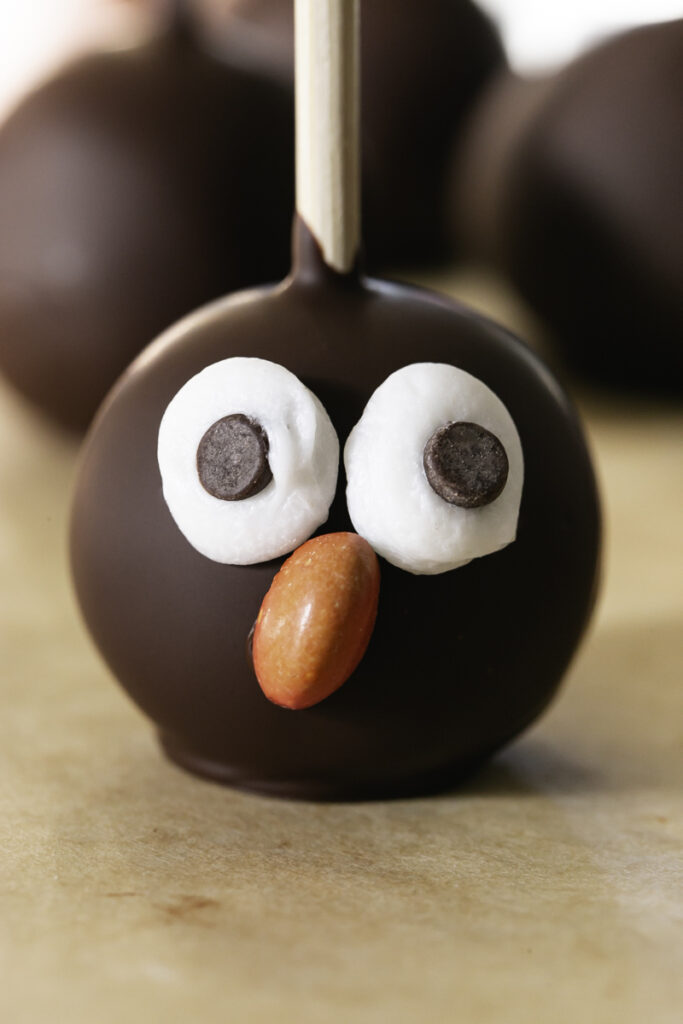 close up of googly eyes and beak on of of the brownie bites.