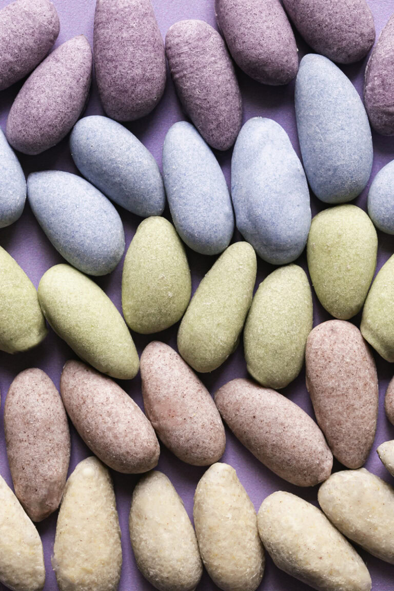 pastel colored white chocolate covered almonds.