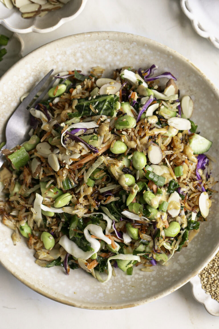 Kale Edamame Crispy Rice Salad in a bowl.
