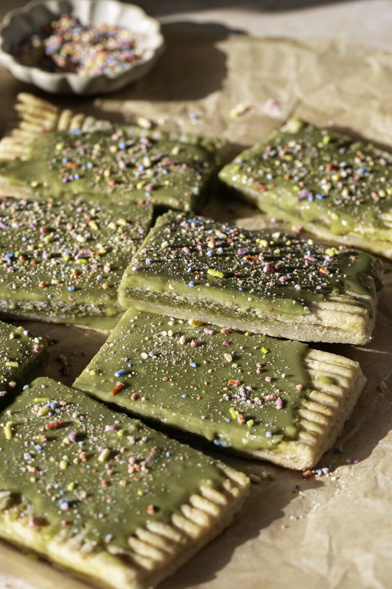 3/4 shot of sliced giant frosted matcha pop tart.