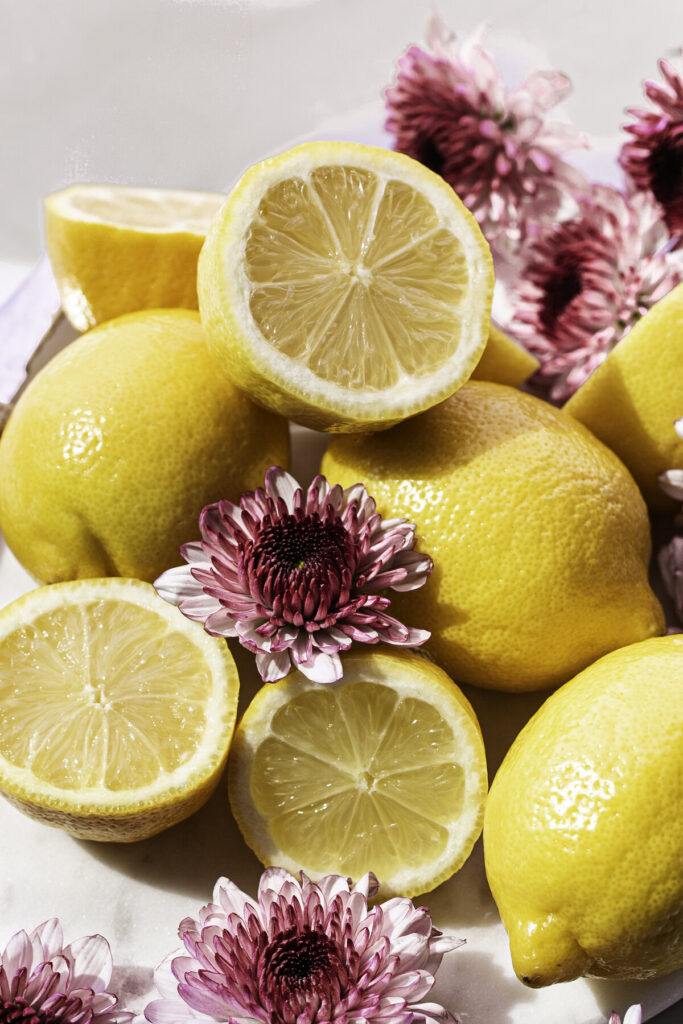fresh lemons with flowers.