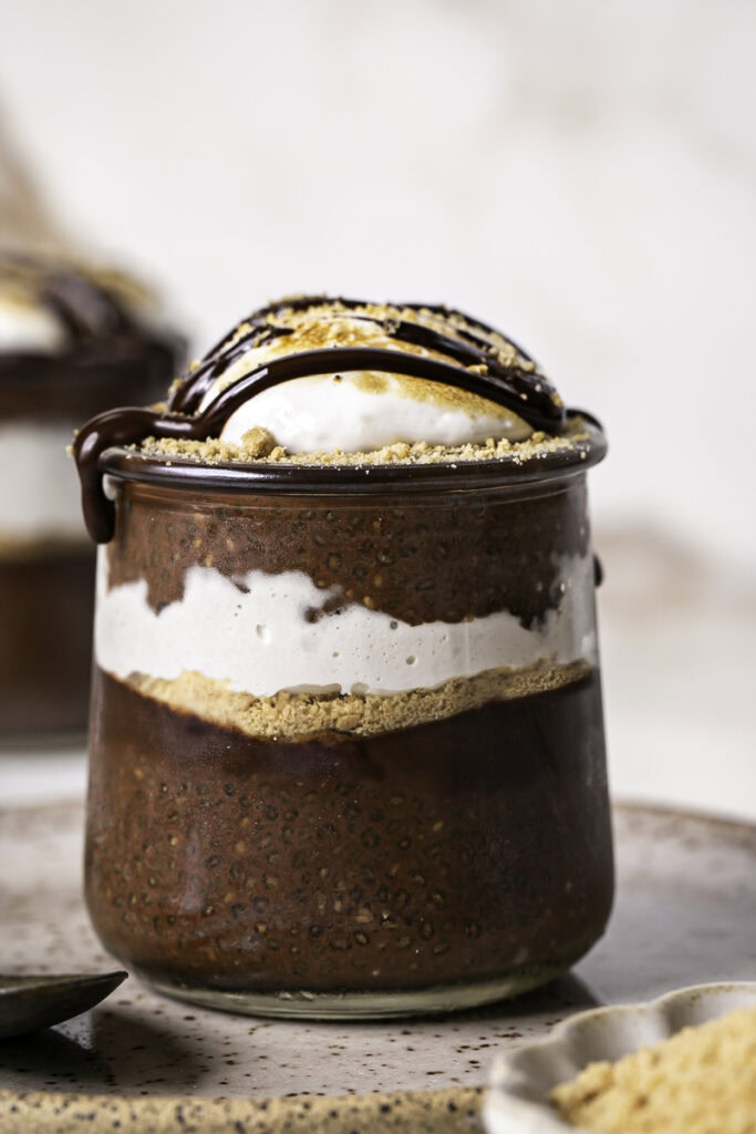 close up of a jar of chocolate S'mores Chia Pudding.