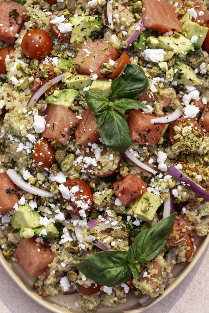 close up overhead shot of watermelon quinoa salad.