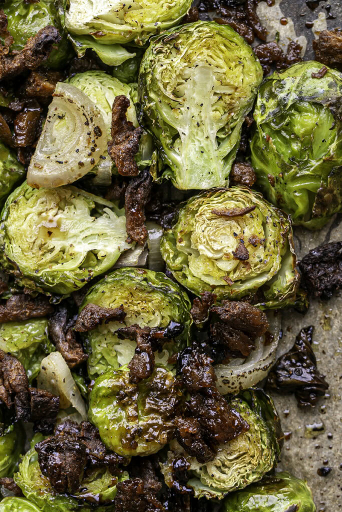 roasted maple bacon brussels sprouts on a baking sheet.