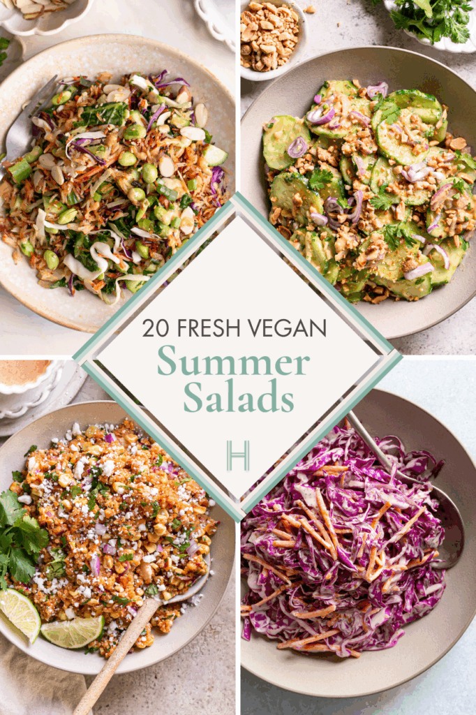 a photo collage of 4 different salads with the title of the post in the middle.