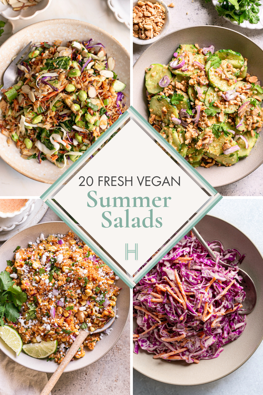 a photo collage of 4 different salads with the title of the post in the middle.
