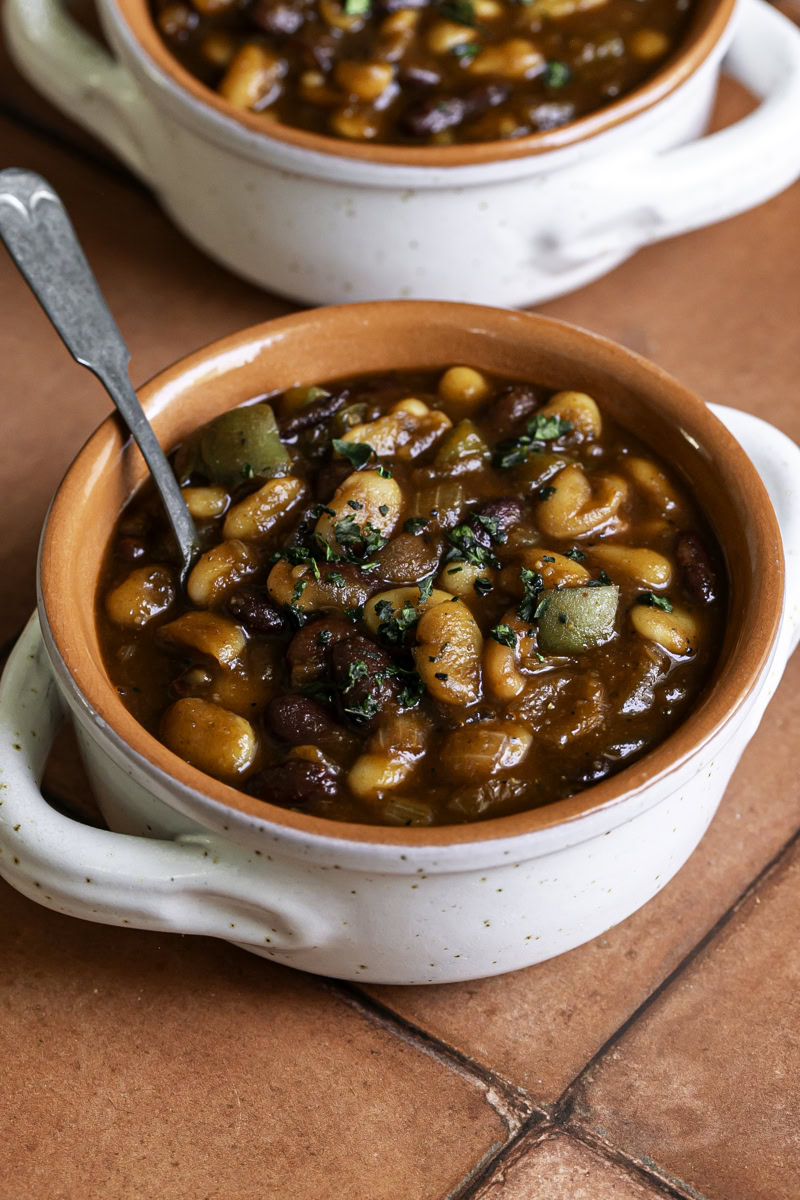 two small bowls of 3 Bean Stovetop Baked Beans.