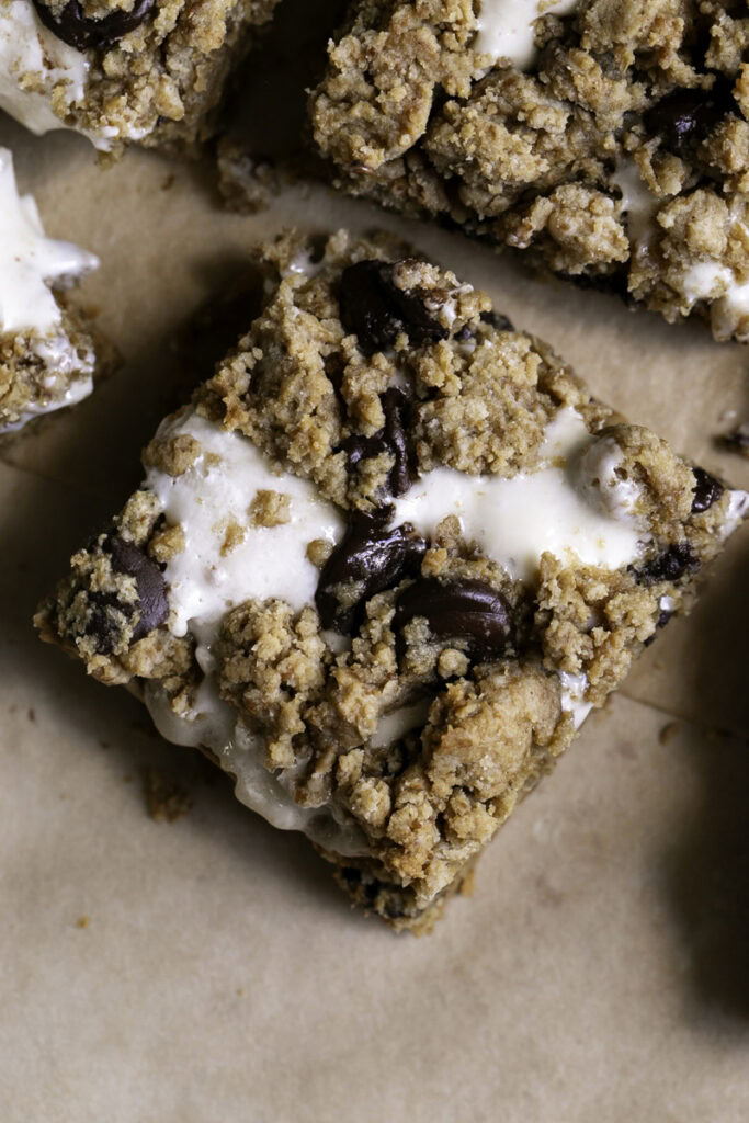 a close up overhead shot of a smores cookie crumb bar.