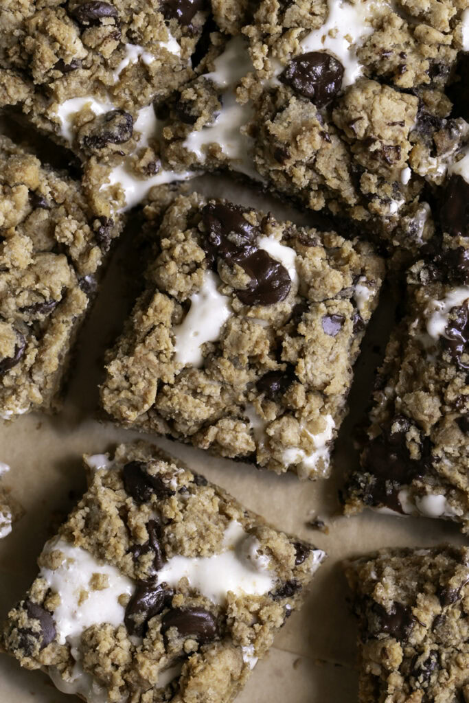 overhead shot of smores cookie crumb bars sliced into squares.
