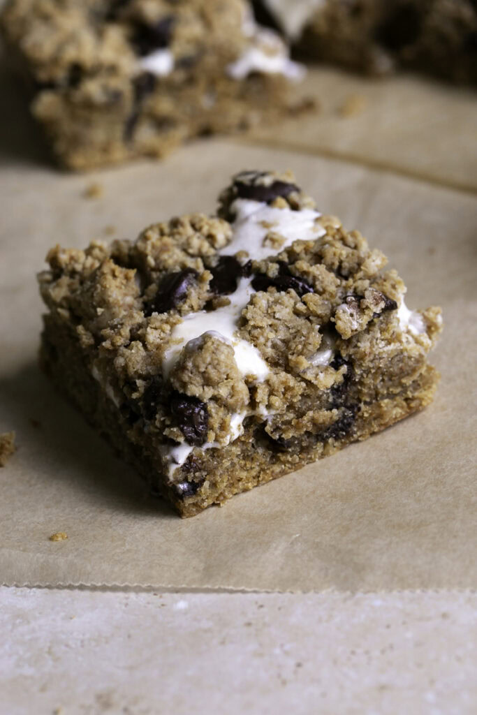 3/4 shot of a smores cookie crumb bar.