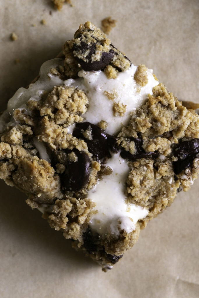 close up shot of a single smores cookie crumb bar.
