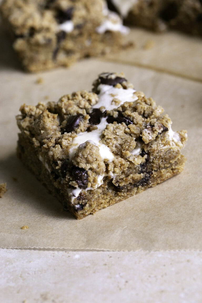 3/4 shot of a smores cookie crumb bar.