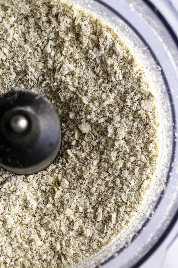 ground oats, oat flour, and coconut in a food processor.