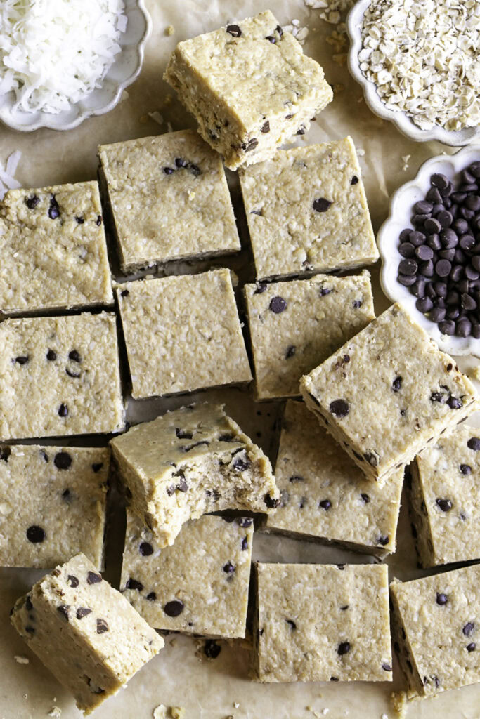 overhead shot of Oatmeal Chocolate Chip Heavenly Hunks sliced into squares.