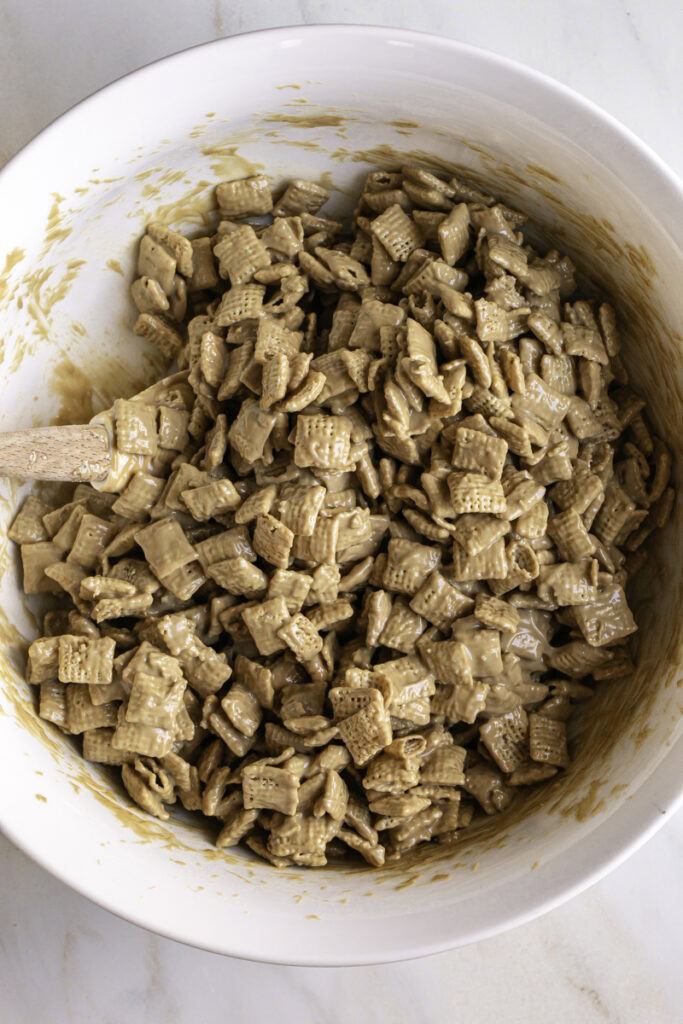 chex cereal coated in the melted white chocolate sunflower seed butter mixture.