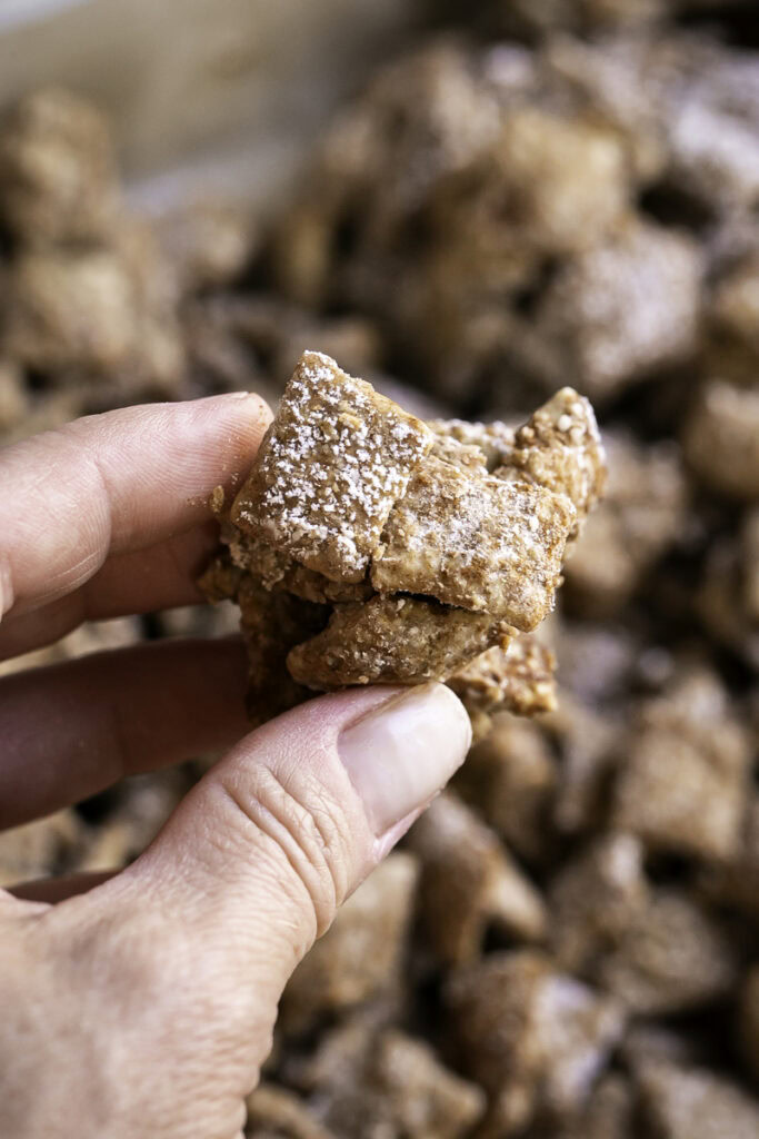a hand holding a clump of Apple Pie Spiced Puppy Chow.