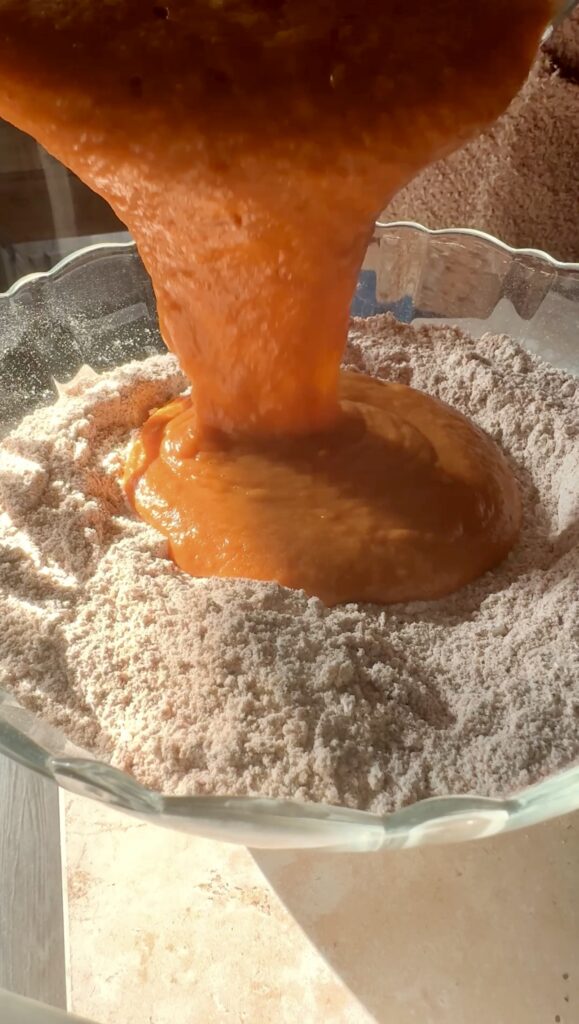 pouring the wet cake ingredients into the dry cake ingredients.