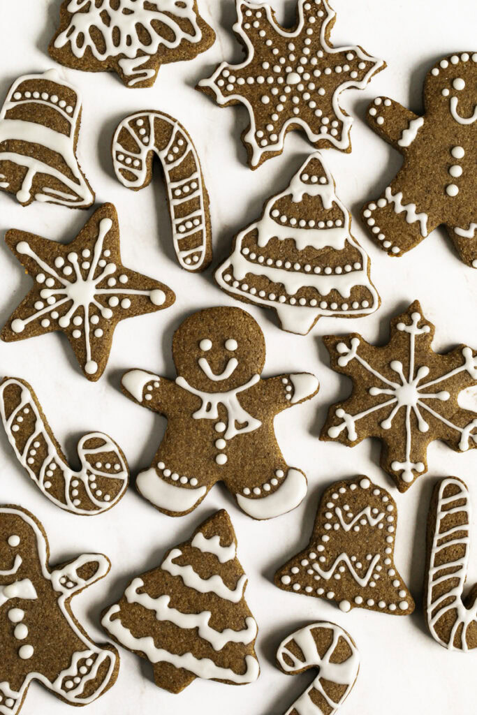 Soft & Chewy Almond Flour Date Gingerbread Cookies in all different shapes.