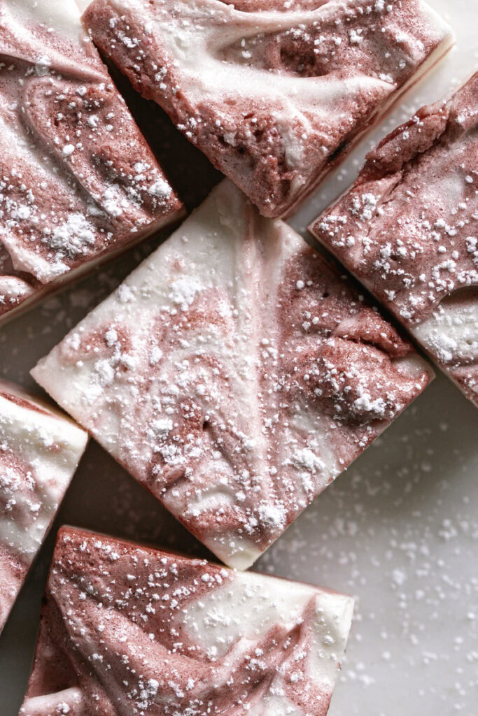 overhead shot of Vegan Peppermint Swirl Marshmallows.