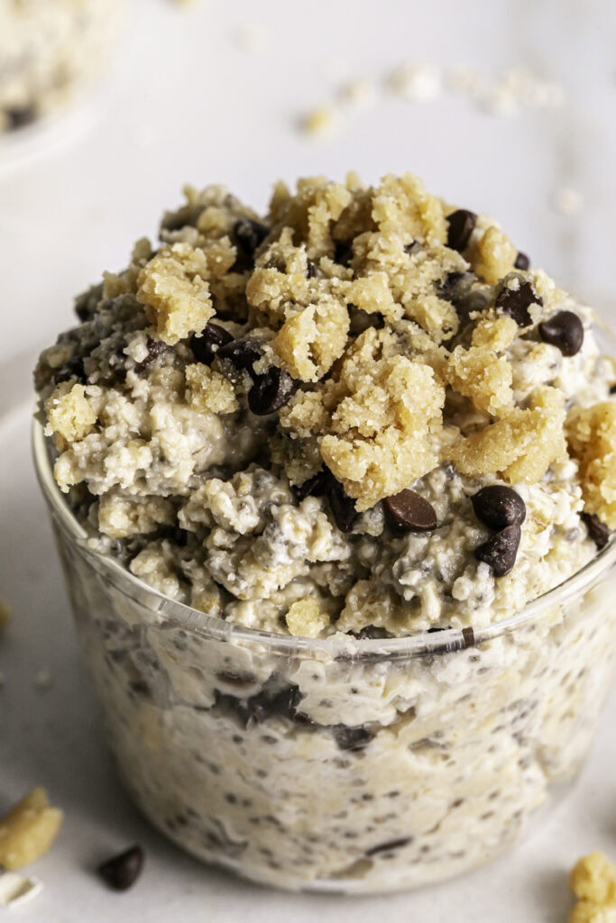 very close up image of glasses of chocolate chip cookie dough overnight oats.