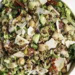 close up overhead of Vegan Italian Chopped Salad with Herby Crispy Quinoa in a bowl.