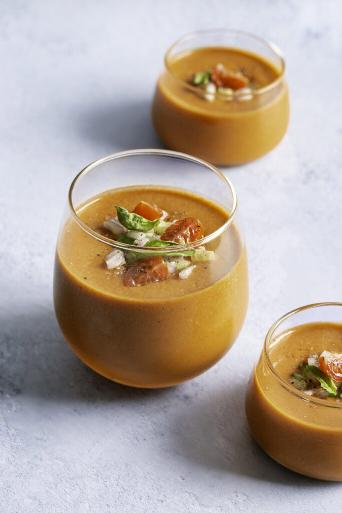 three glasses of cherry tomato gazpacho.