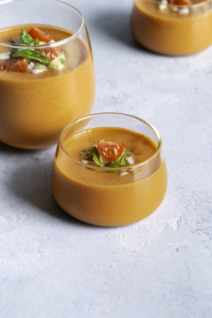 three glasses of cherry tomato gazpacho.