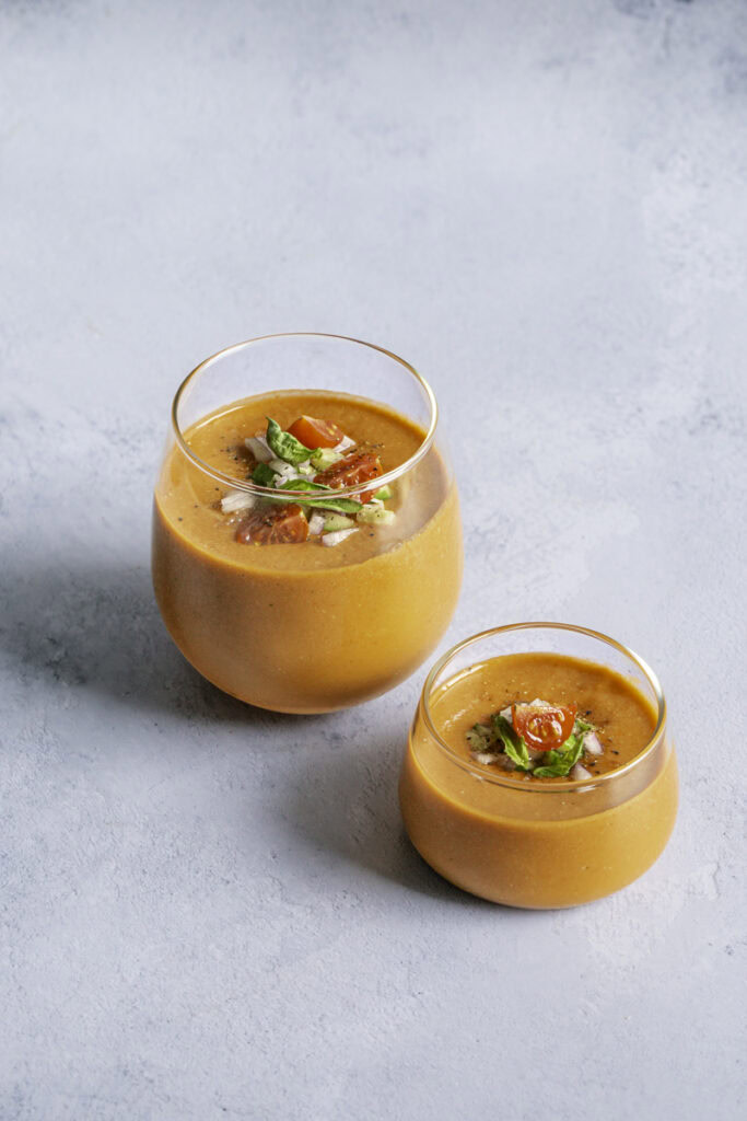 two glasses of cherry tomato gazpacho.