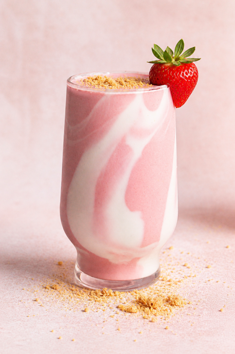 a glass of strawberry cheesecake smoothie with graham cracker crumbs and a fresh strawberry on the rim of the glass.