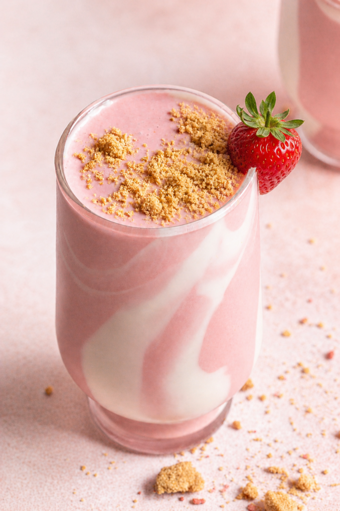 a glass of strawberry cheesecake smoothie with graham cracker crumbs and crumbled freeze-dried strawberries, a strawberry on the rim of the glass.