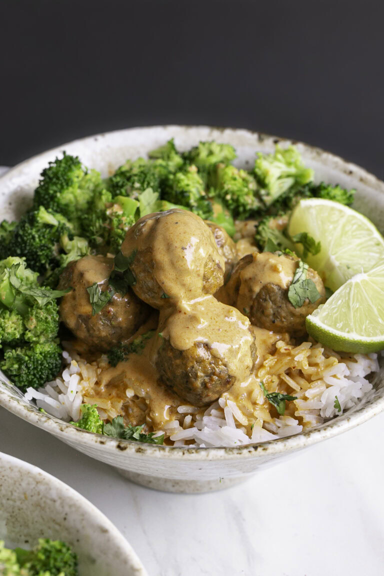 Coconut Curry Vegan Meatballs & Rice (Vegan + Gluten-Free)