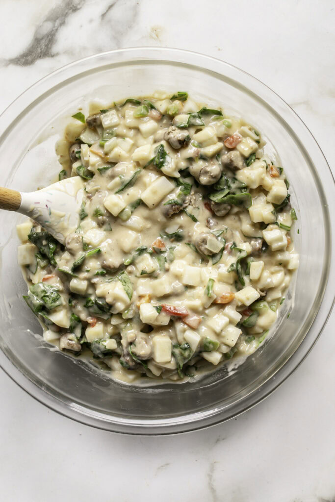 everything stirred together in the bowl.