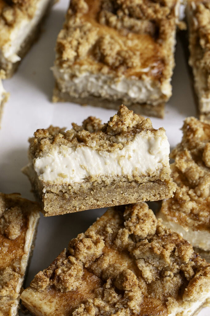 sliced Cinnamon Cookie Cheesecake Crumb Bars.