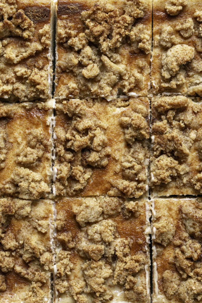 close up overhead of cinnamon cookie cheesecake crumb bars sliced into squares.