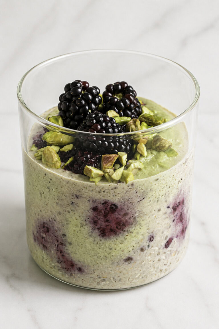 close up of blackberry pistachio overnight oats in a glass.