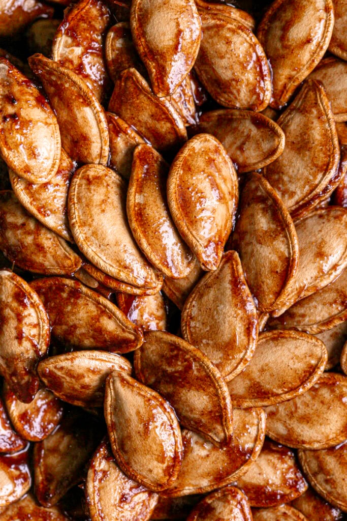 extreme close up of Maple Cinnamon Sugar Pumpkin Seed Brittle.