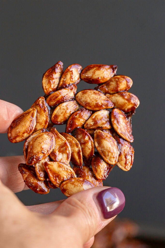 hand holding a chunk of Maple Cinnamon Sugar Pumpkin Seed Brittle.
